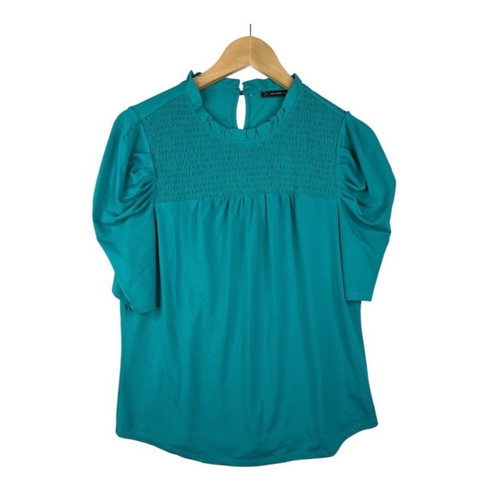 Adrianna Papell Women's Medium Teal High Neck Line Puffed Sleeve Blouse